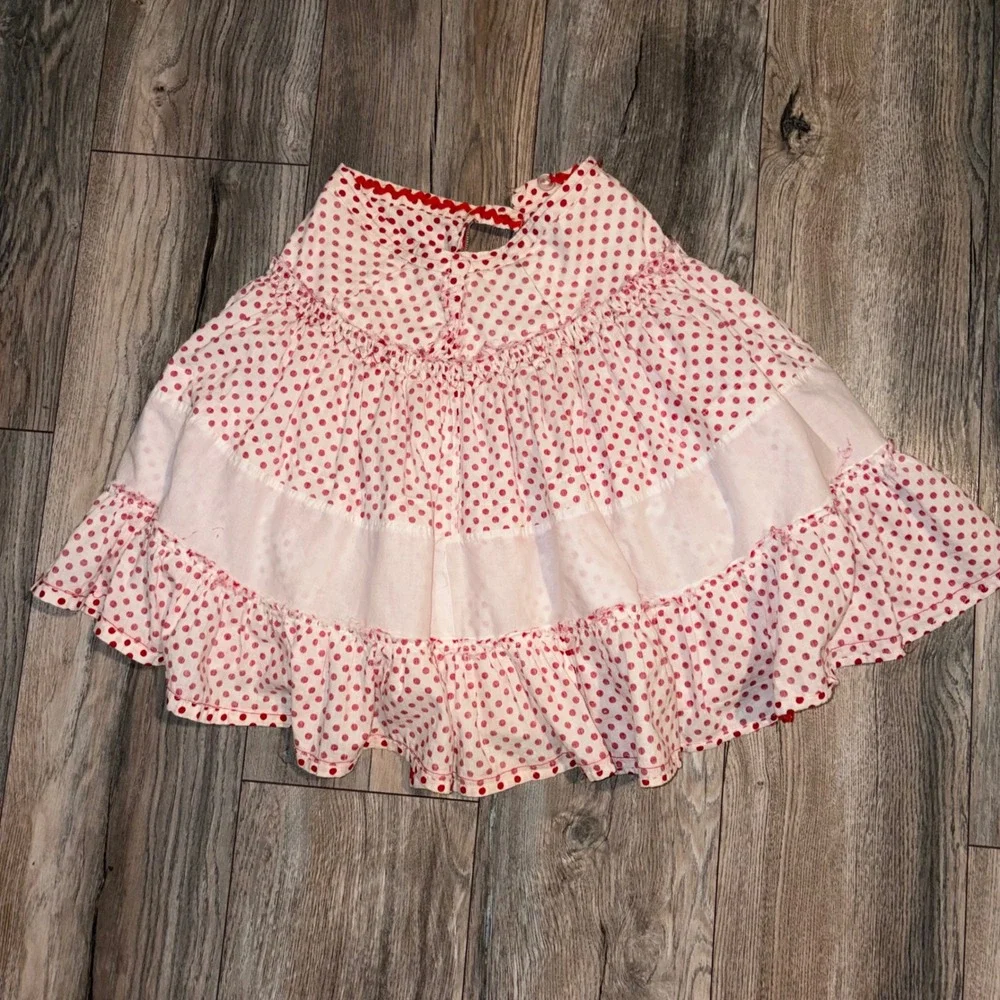 Vintage Kids Red Polka Dot Tiered Ruffle Skirt Ric Rac Trim Costume Retro